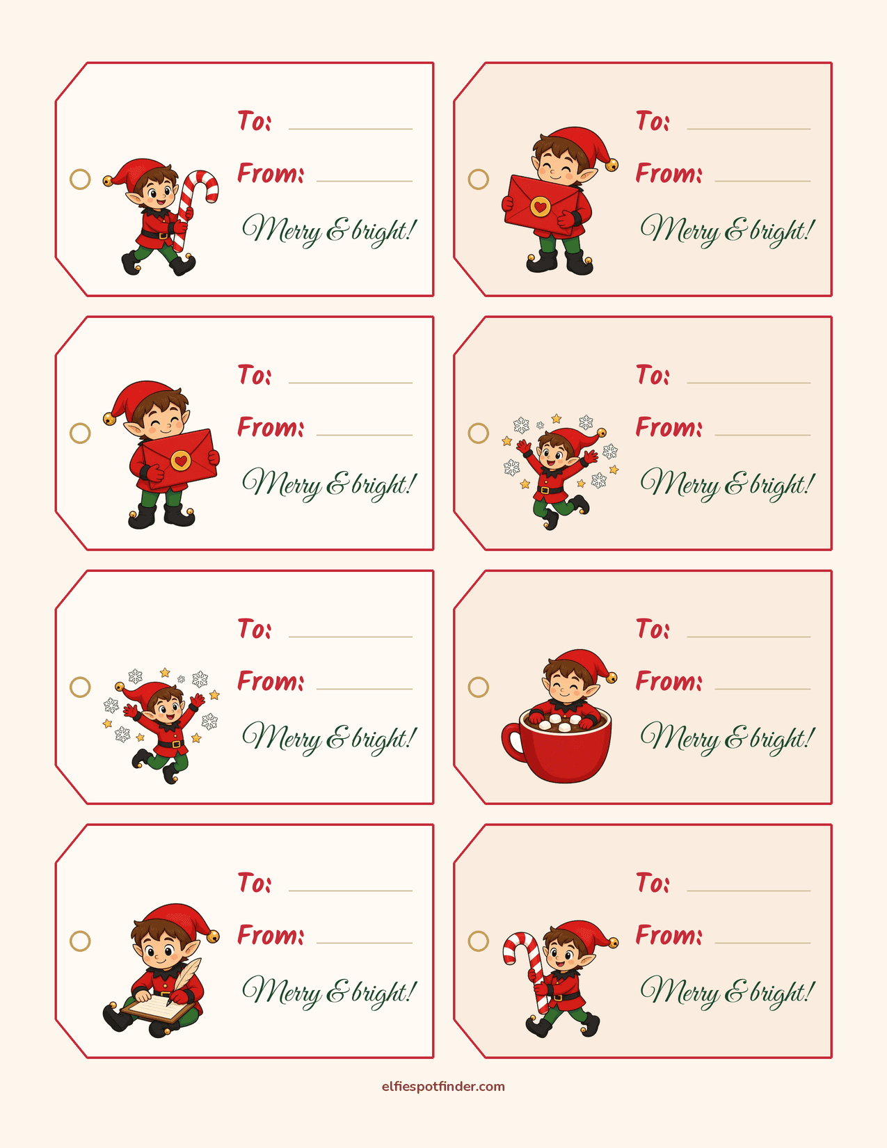 Printable Elf gift tags with a boy elf and blank lines for a name.