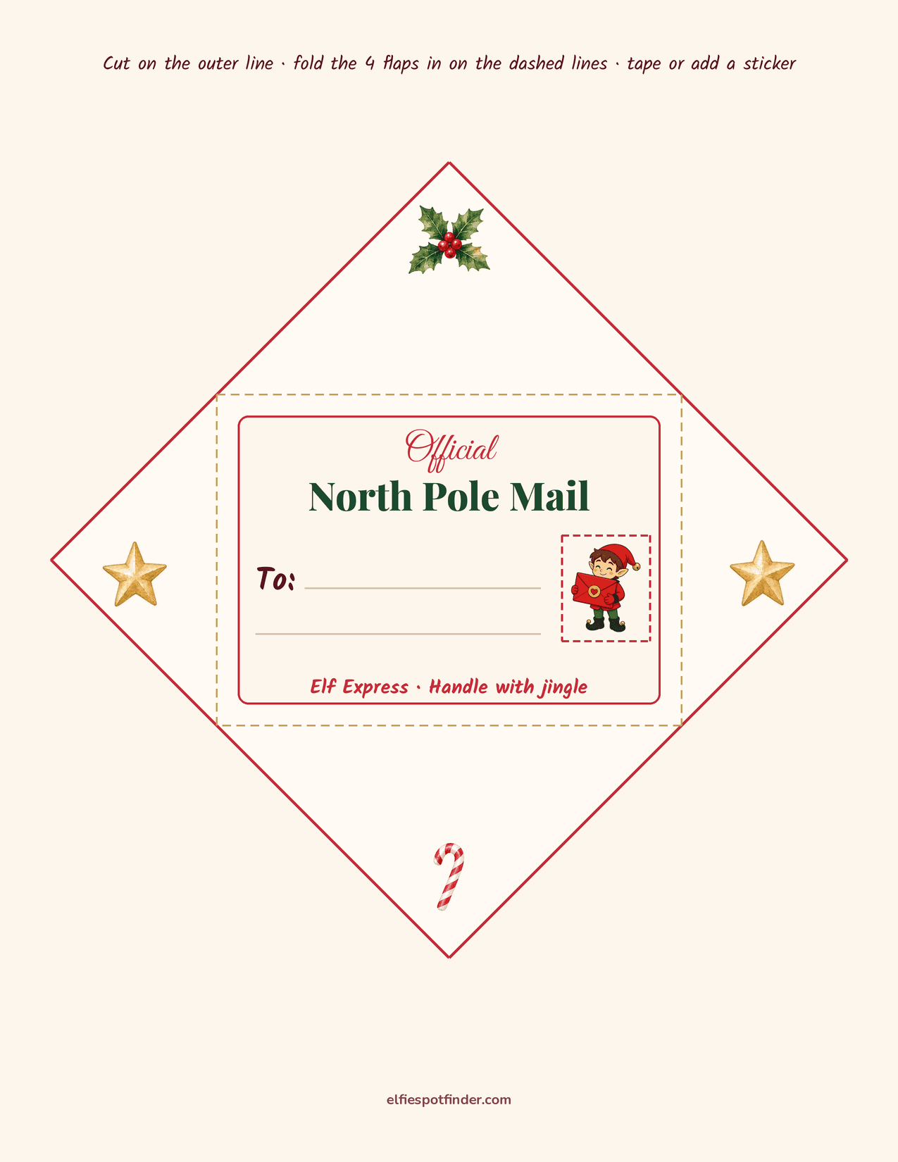 Printable North Pole mail envelope with a boy elf and blank lines for a name.