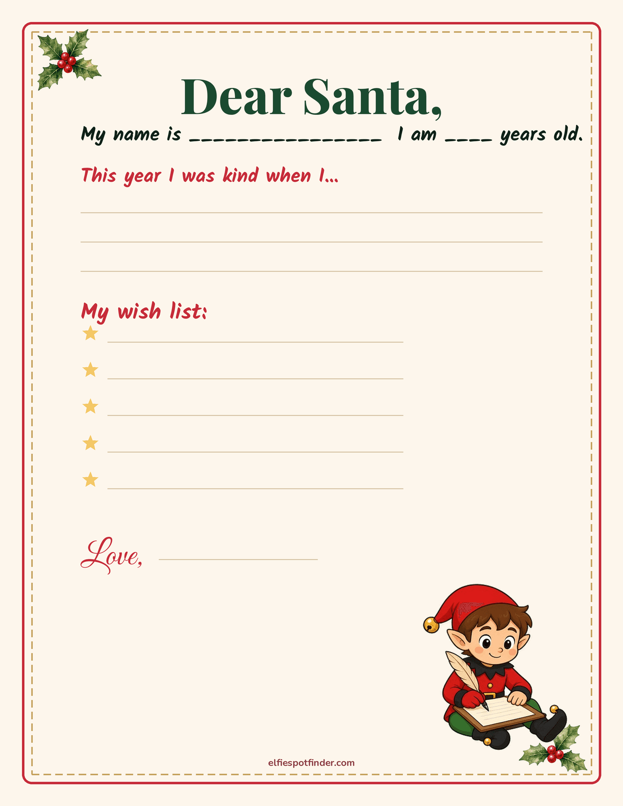 Printable Letter to Santa with a boy elf and blank lines for a name.