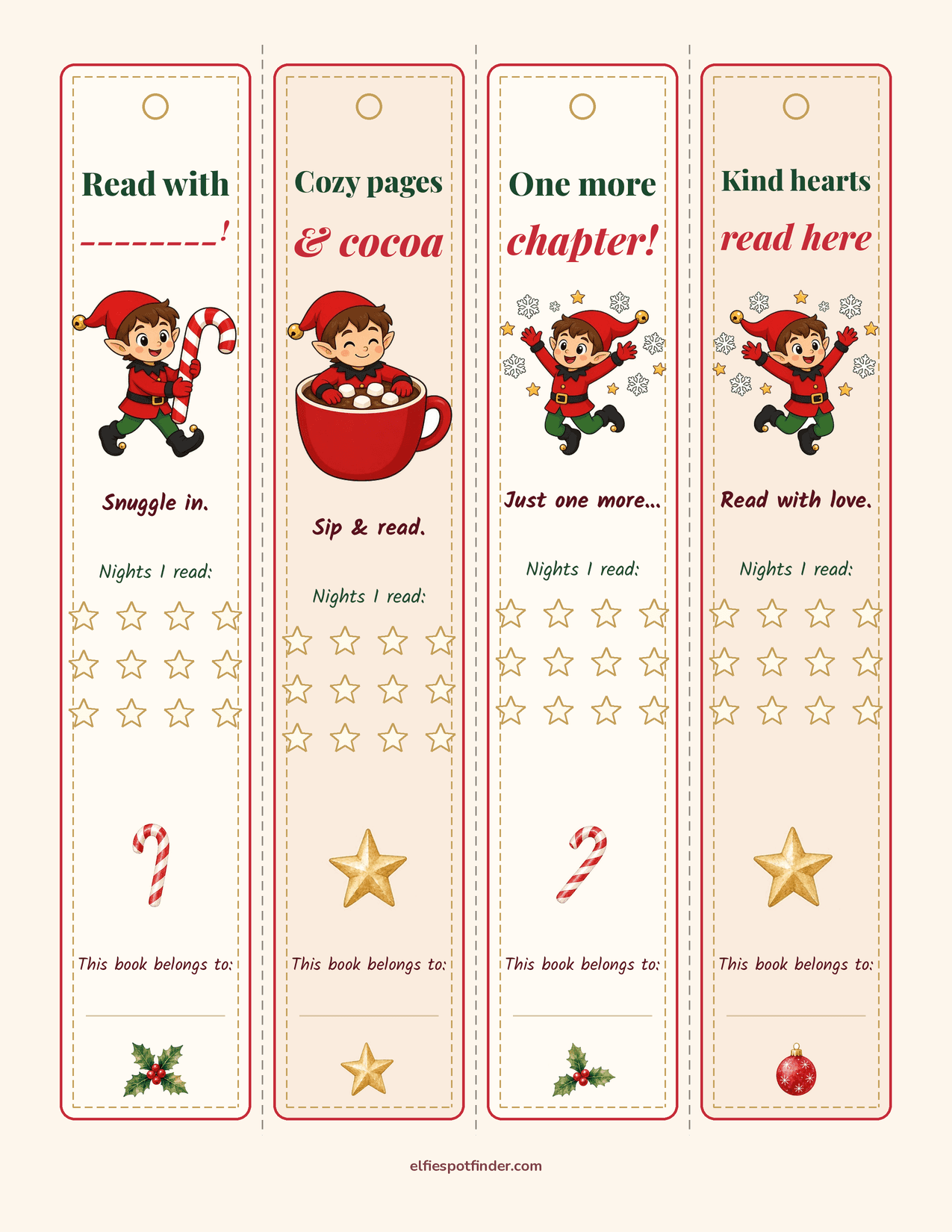 Printable Elf bookmarks with a boy elf and blank lines for a name.