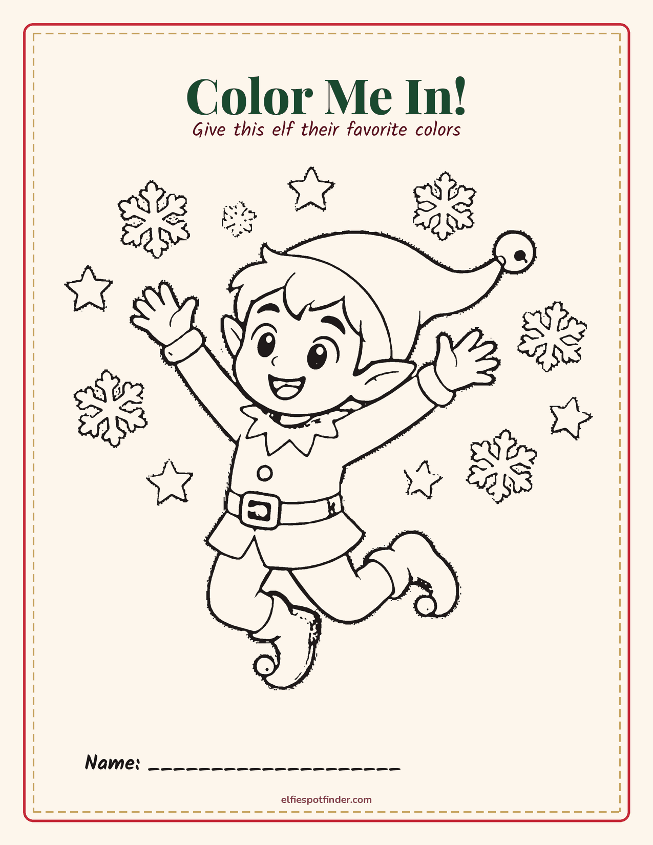 Printable Elf coloring page with a boy elf and blank lines for a name.