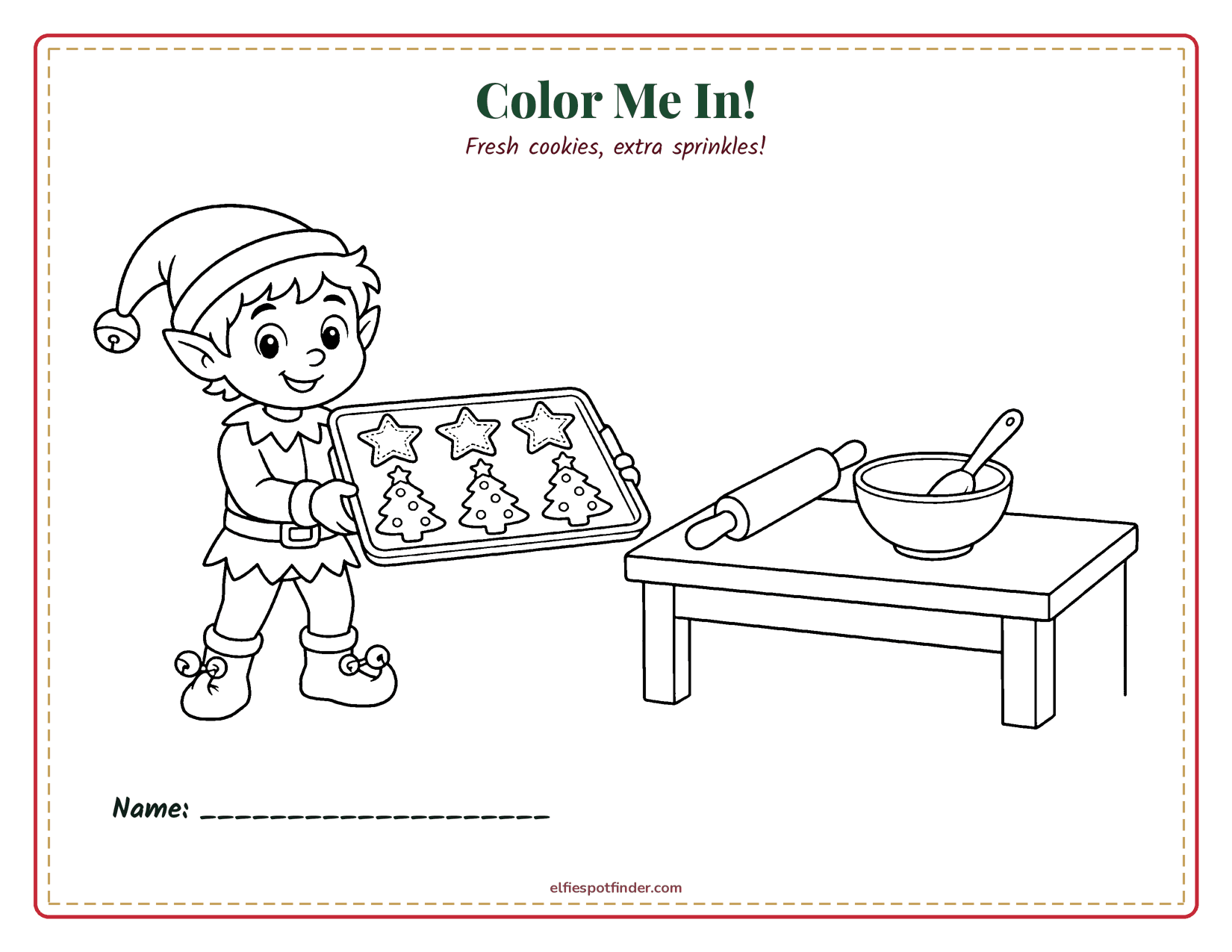 Printable Elf baking cookies coloring page with a boy elf and blank lines for a name.