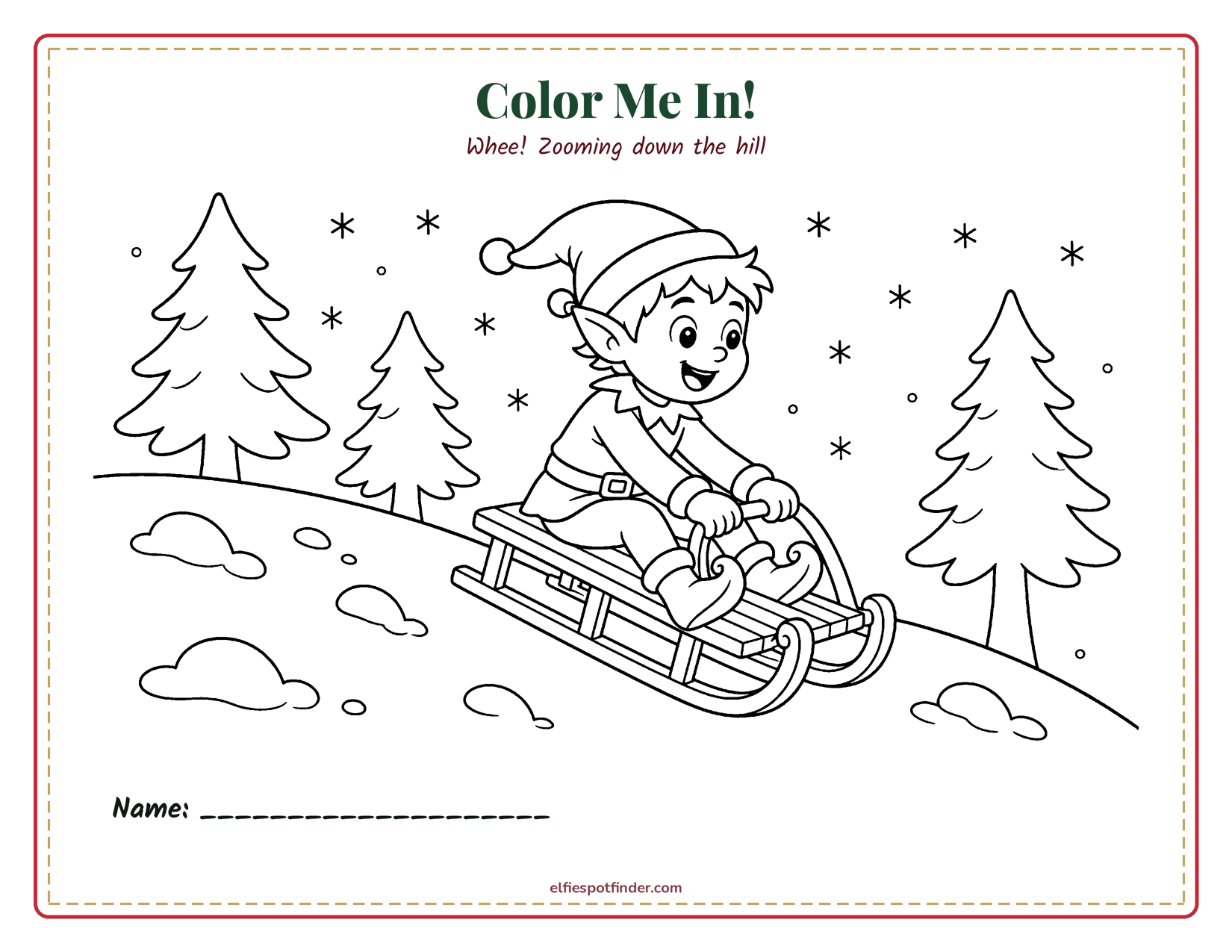 Printable Elf sledding coloring page with a boy elf and blank lines for a name.