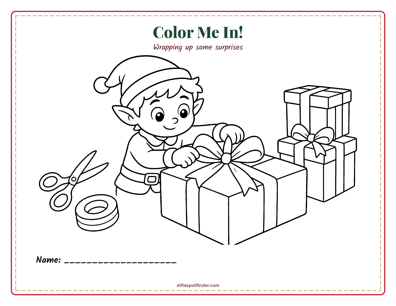 Printable Elf wrapping presents coloring page with a boy elf and blank lines for a name.