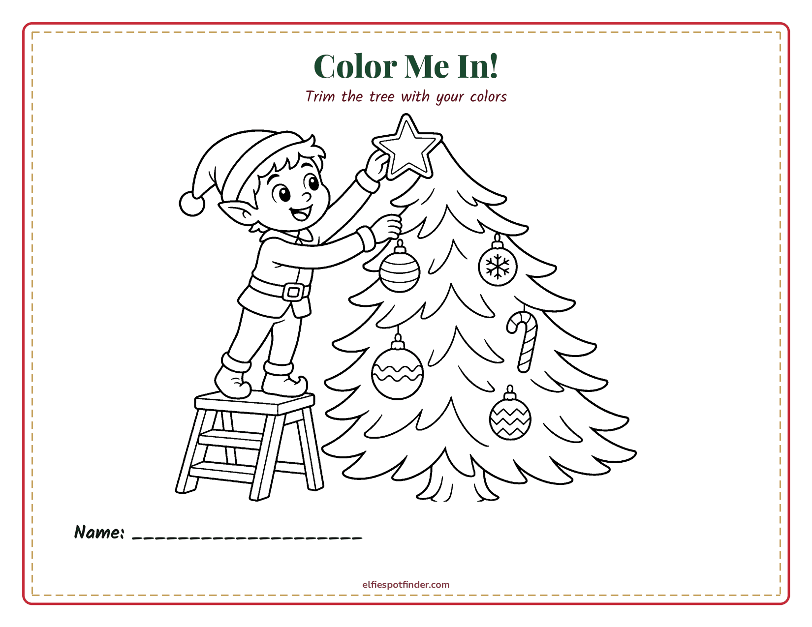 Printable Elf decorating a tree coloring page with a boy elf and blank lines for a name.