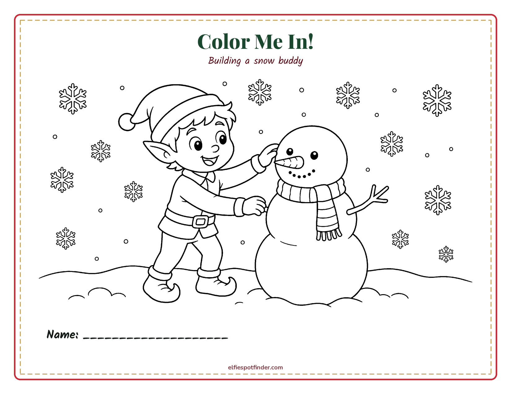 Printable Elf building a snowman coloring page with a boy elf and blank lines for a name.