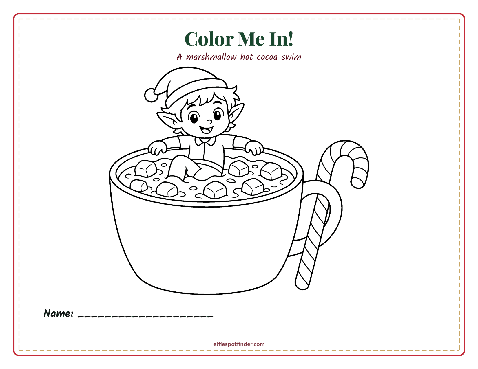 Printable Elf in hot cocoa coloring page with a boy elf and blank lines for a name.