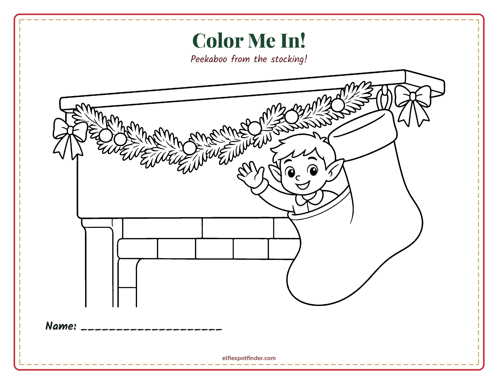 Printable Elf in a stocking coloring page with a boy elf and blank lines for a name.