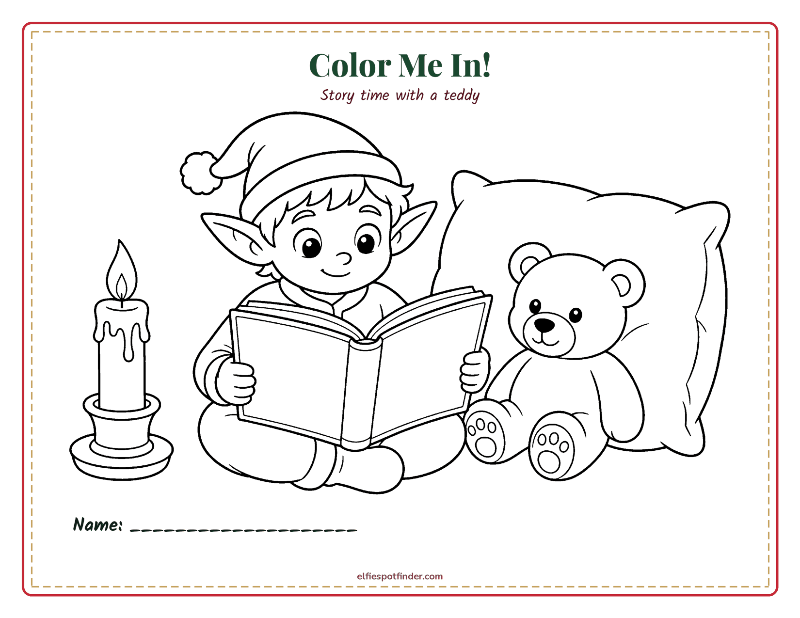 Printable Elf story time coloring page with a boy elf and blank lines for a name.