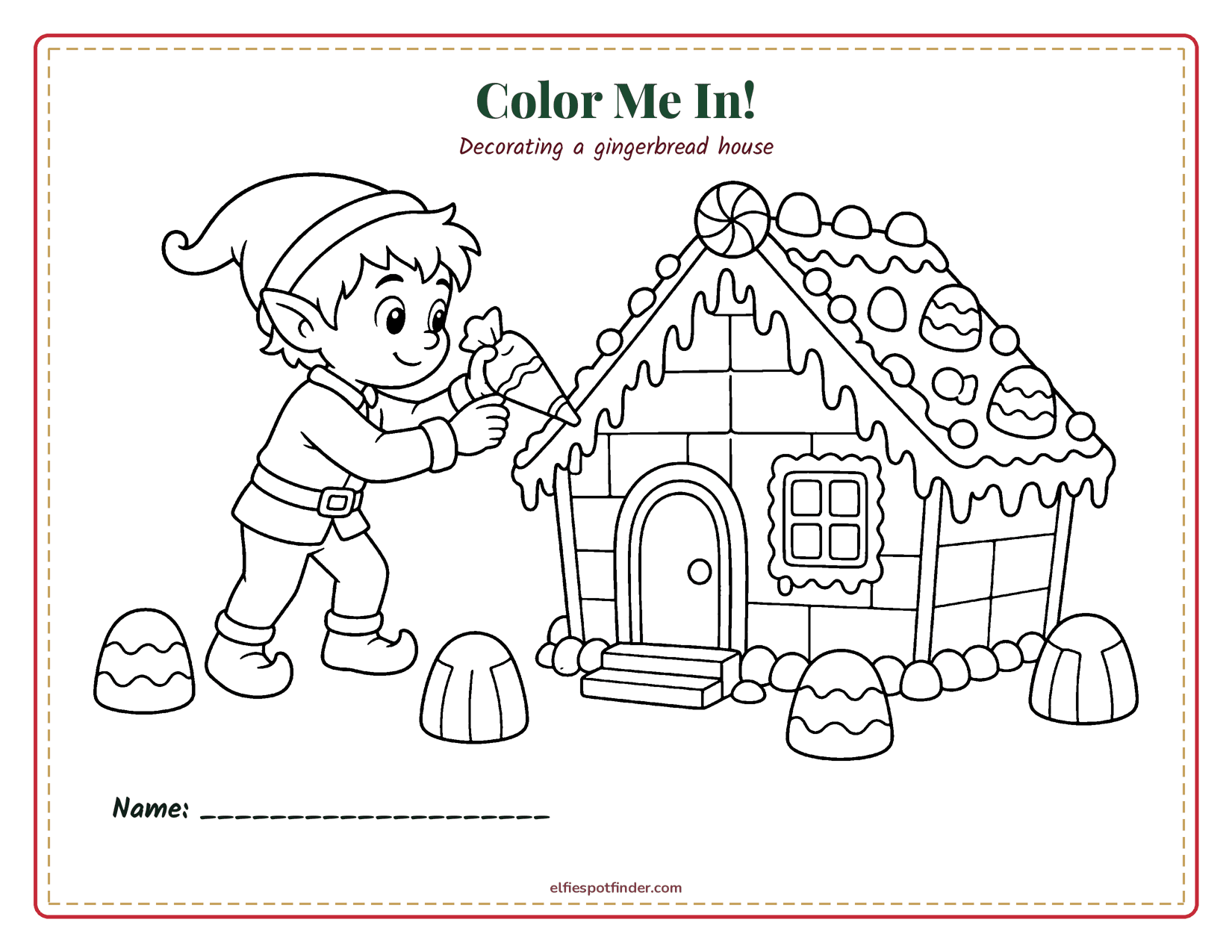 Printable Elf gingerbread house coloring page with a boy elf and blank lines for a name.