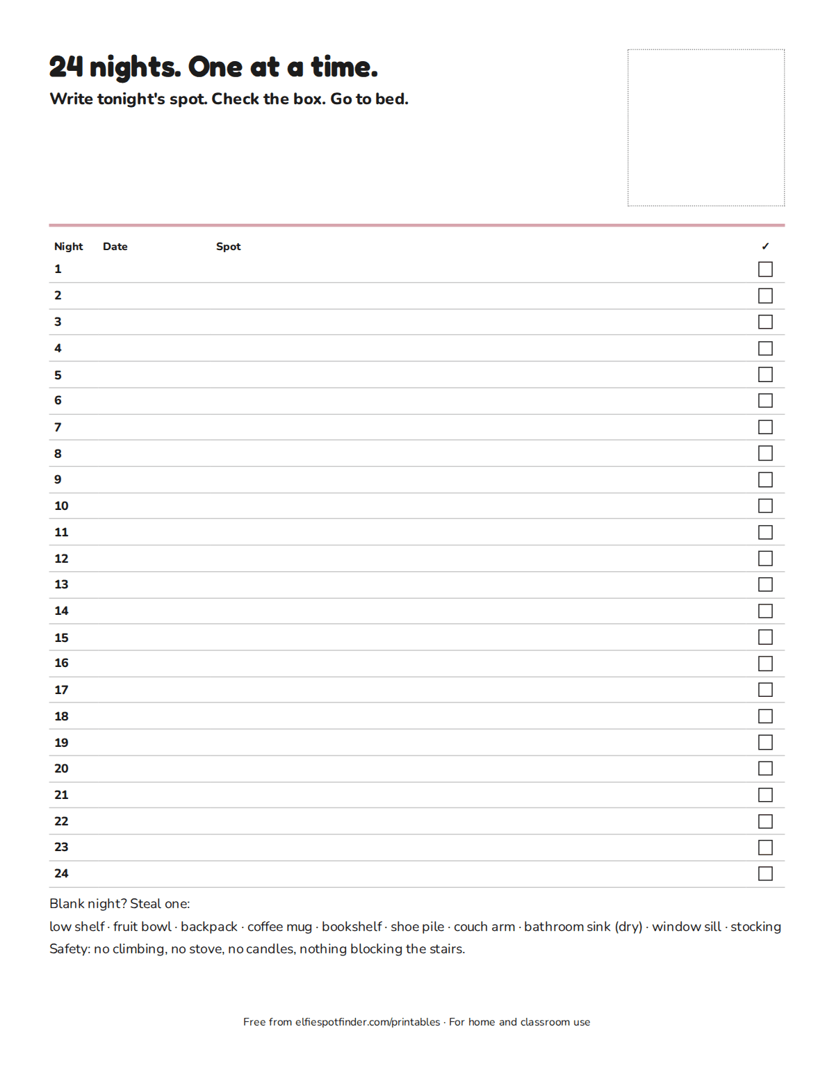 Printable 24-night holiday elf planner with numbered rows for date, hiding spot, and a done checkbox.