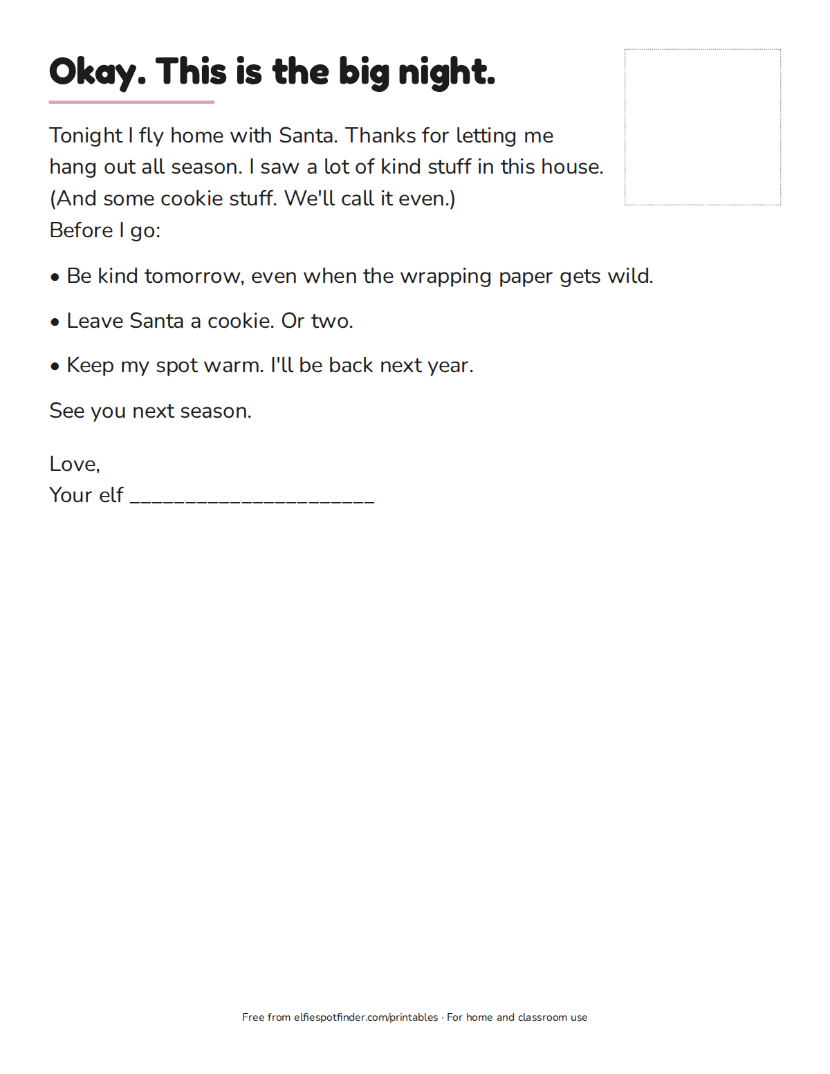 Printable Christmas Eve goodbye letter from a holiday elf, starting "Okay. This is the big night."