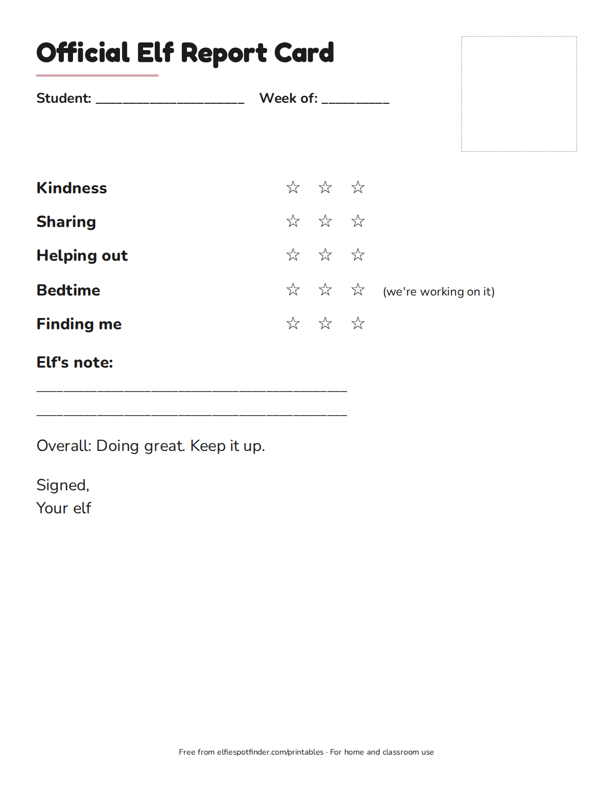 Printable holiday elf report card with star ratings for kindness, sharing, helping, bedtime, and finding the elf.