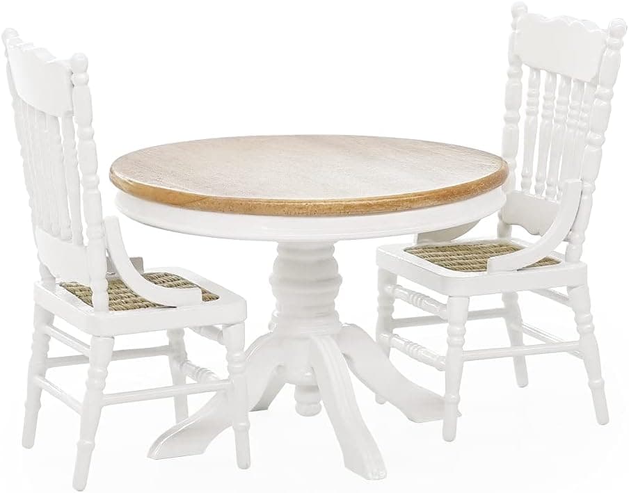 A miniature dining table and chairs for holiday elf setups.