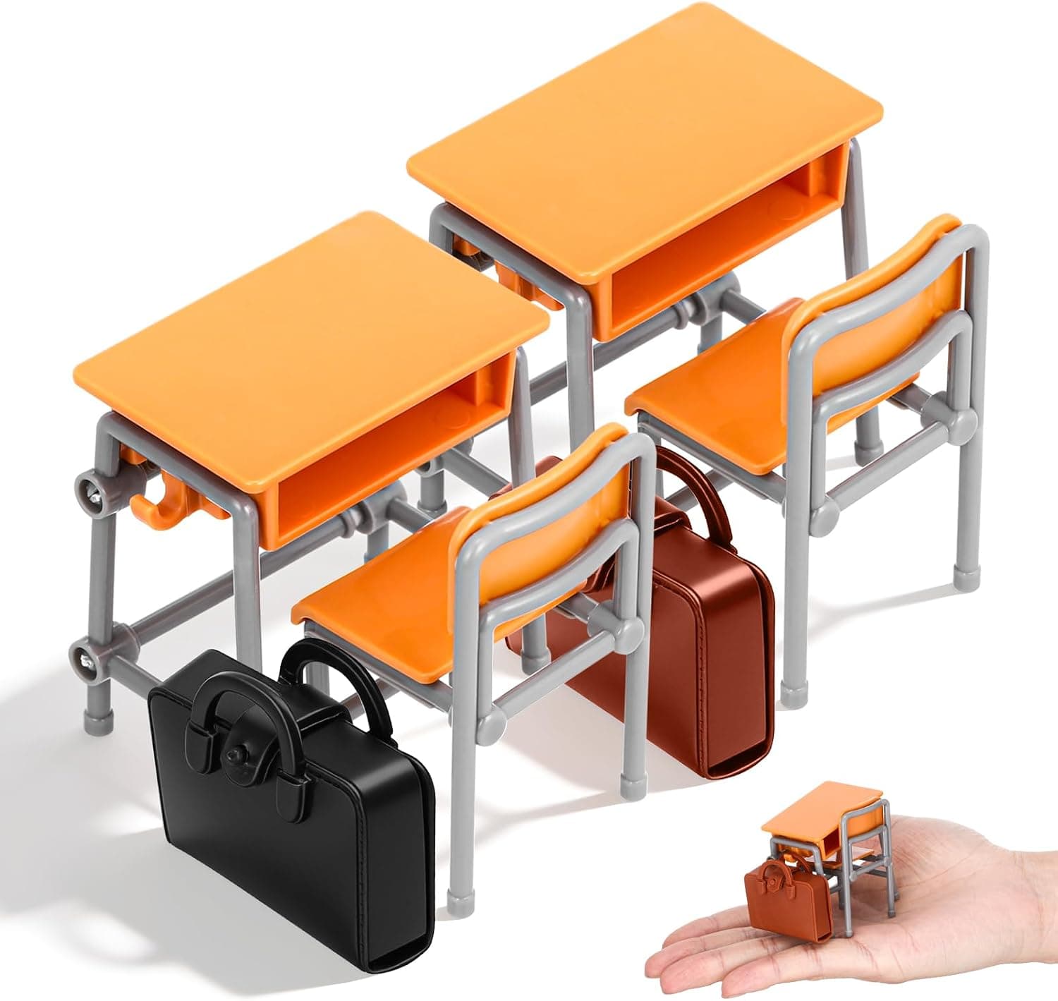 A miniature school desk and chair for holiday elf setups.
