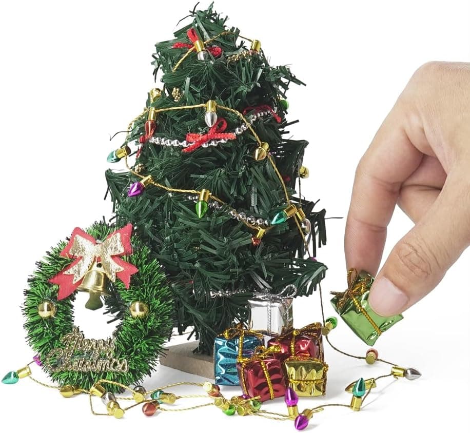 A miniature Christmas tree for holiday elf setups.