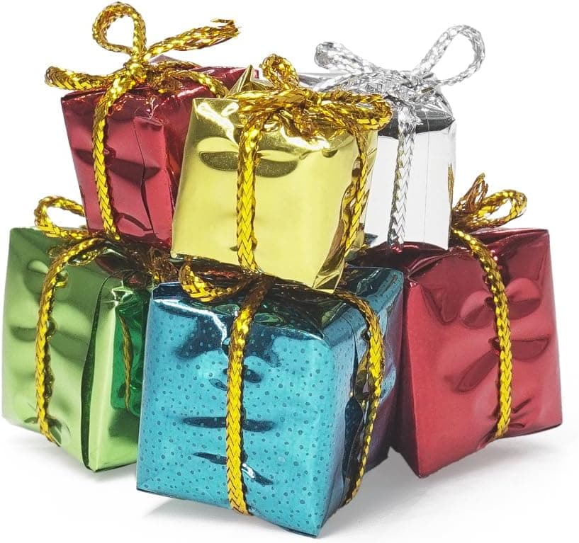 Miniature wrapped gift boxes for holiday elf setups.