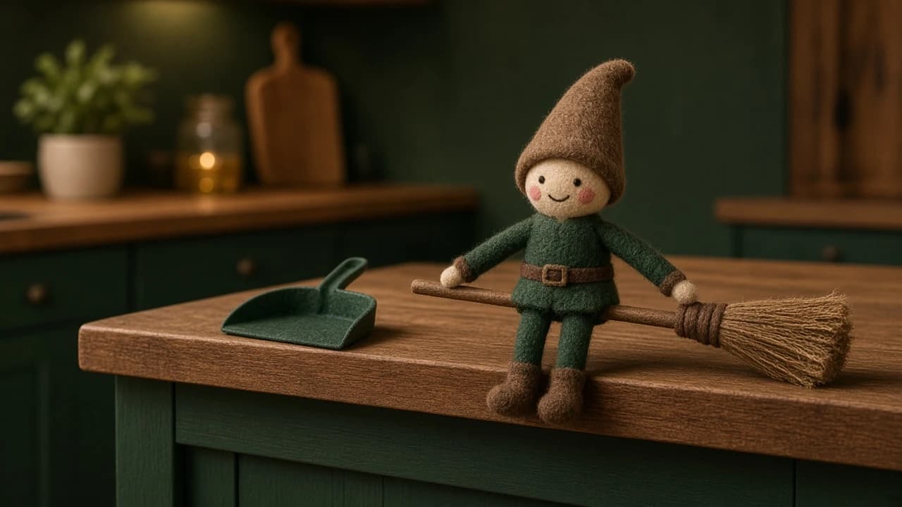 A broom standing upright against a kitchen island with a holiday elf balanced on the handle.