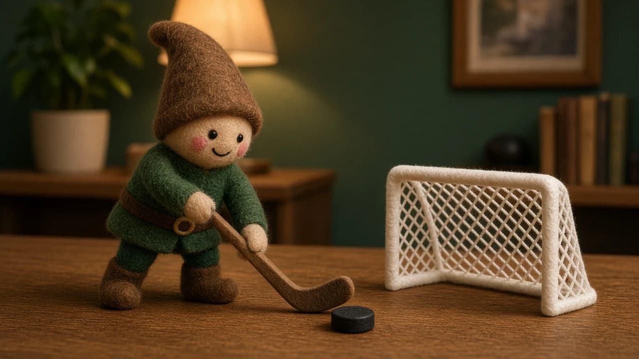 Two small hockey sticks and a net in a hallway with a holiday elf mid-shot.