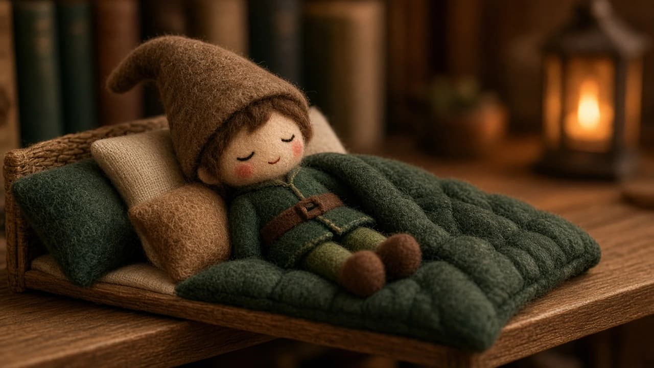 A small fabric comforter and four pillows stacked on a shelf with a holiday elf.