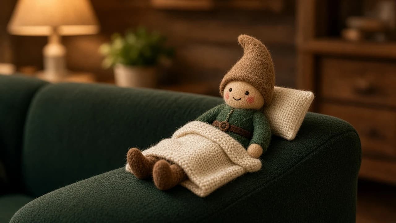 A small star-print blanket and pillow on a couch with a sleepy holiday elf.