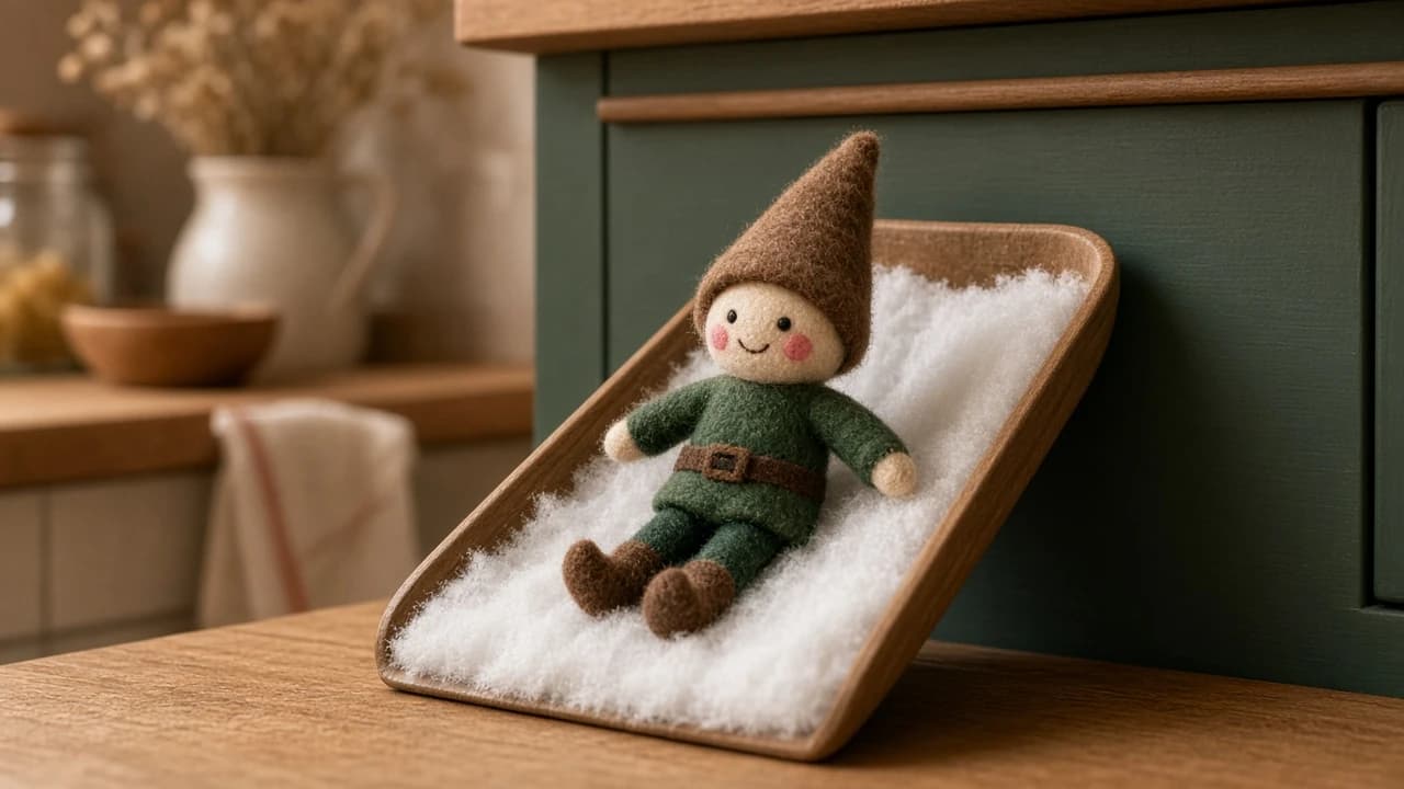 A drift of white cotton snow on a floor with a holiday elf riding a dustpan.