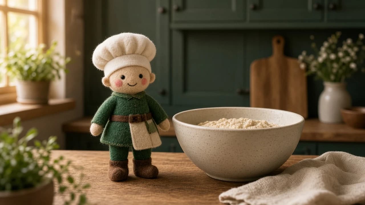 A tiny striped chef apron and hat on a kitchen counter next to a holiday elf.