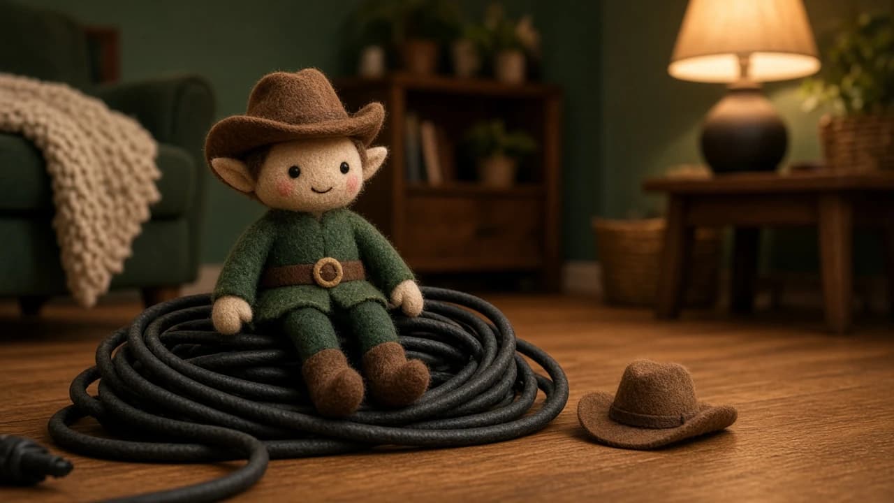 A holiday elf wearing a tiny brown cowboy hat.