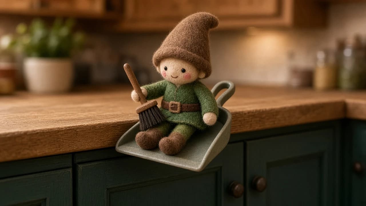 A mini dustpan and brush on a floor with a holiday elf sitting in the pan.