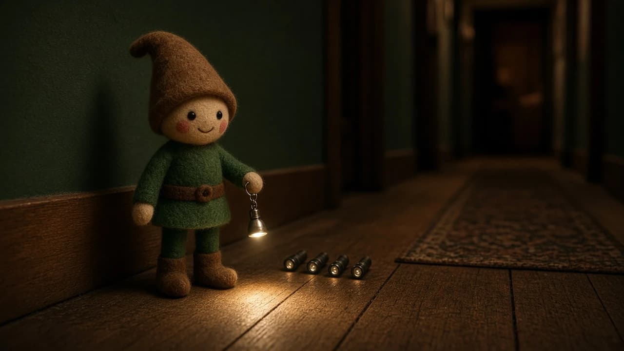 A small keychain flashlight lying beside a holiday elf on a hallway floor.