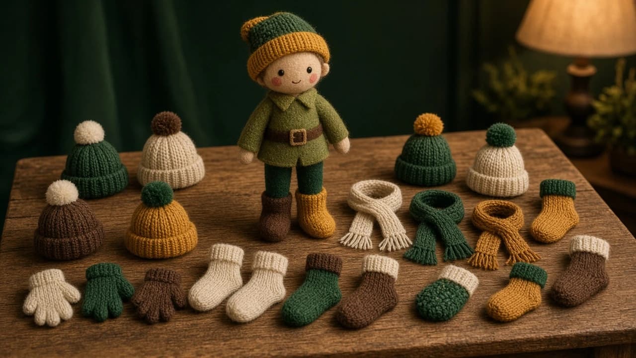 Red and green doll hats, scarves, gloves and socks fanned out beside a holiday elf.