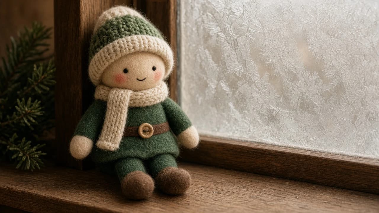 Tiny knit hats, scarves and gloves laid out beside a holiday elf.