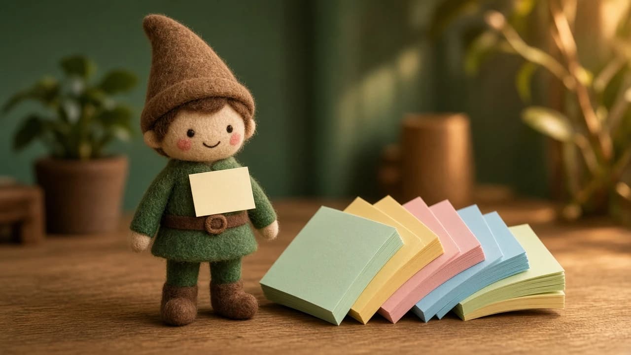 Small colorful sticky-note pads fanned out next to a holiday elf.