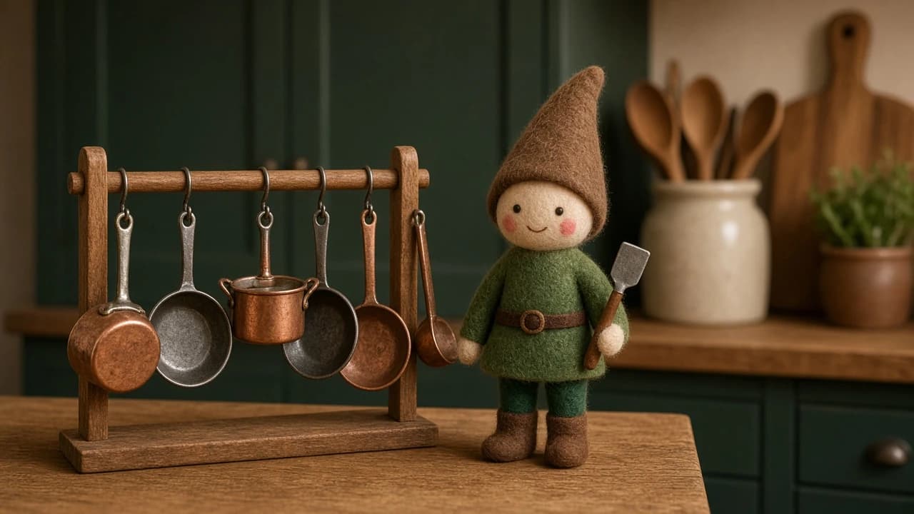 A set of tiny red pots and pans on a rack with a holiday elf.