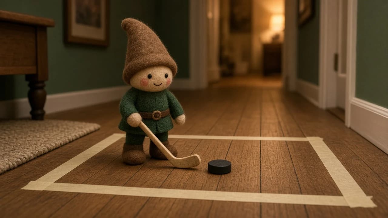 A very small wooden hockey stick and puck on a floor by a holiday elf.