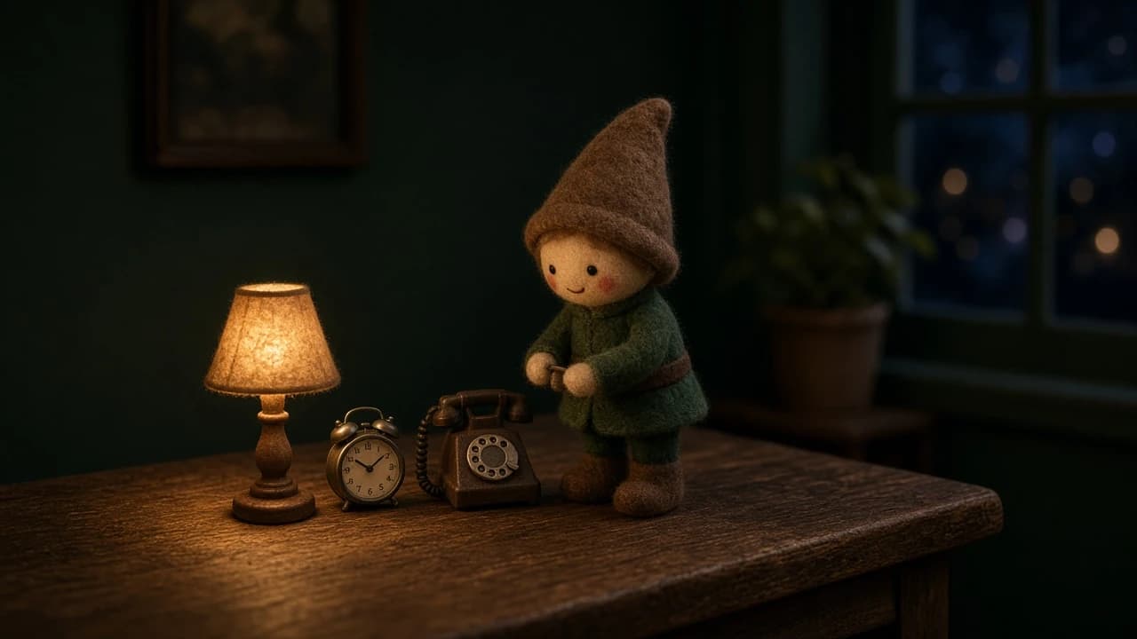 A tiny desk lamp, alarm clock and phone set on a table with a holiday elf.