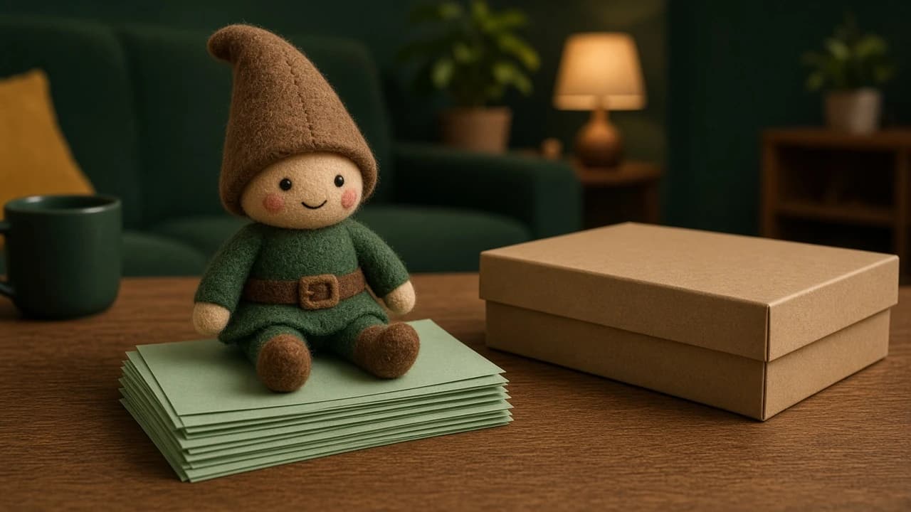 A small pile of tiny paper bills next to a holiday elf.