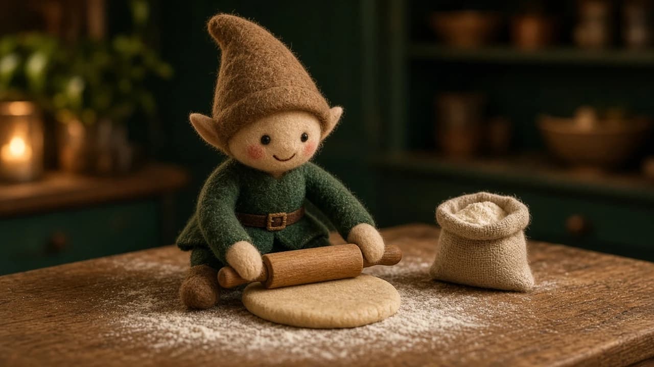 A tiny wooden rolling pin and two small flour bags with a holiday elf.