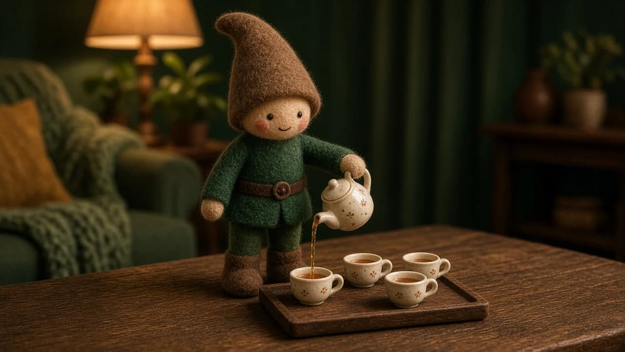 A small teapot and four tiny cups on a table with a holiday elf.