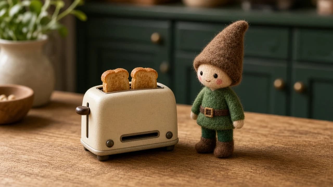A tiny silver toaster with two slices of toast beside a holiday elf.