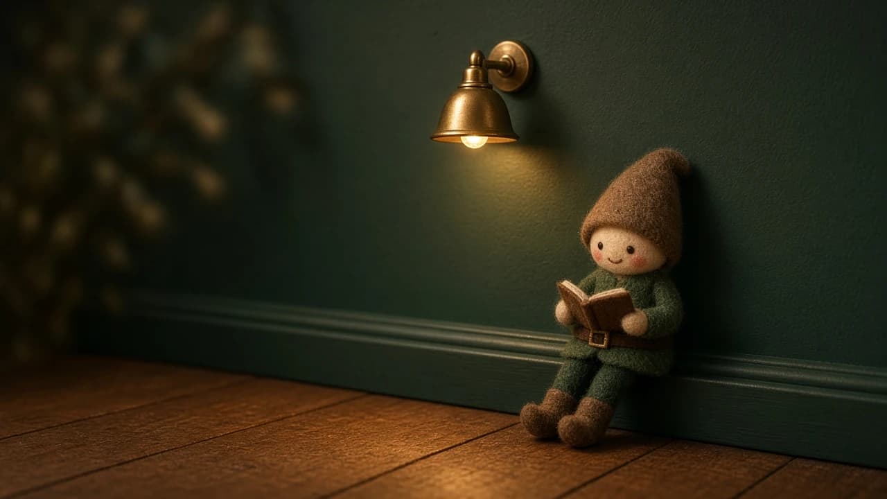 A small black wire-frame wall sconce on a wall beside a holiday elf.