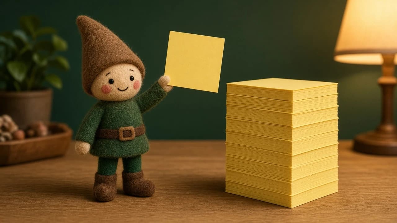 A stack of yellow sticky notes next to a holiday elf holding a small sign.