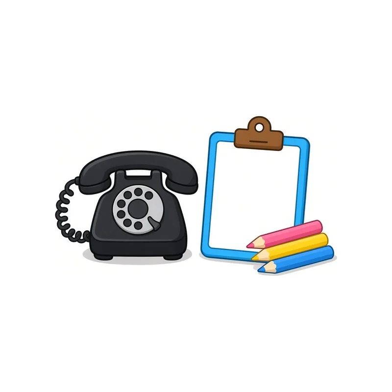 Cartoon Tiny black telephone with clipboard and colored pencils illustration